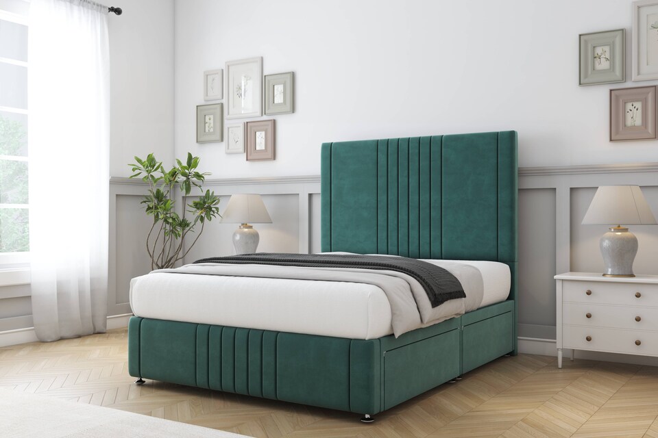 image 1 of Sloomy Harrington Emerald Plush Divan Bed With Mattress No Drawers With 54" Floor Standing Headboard & 12" Matching Footboard 4' Small Double | Green | Emerald | Small Double | 1