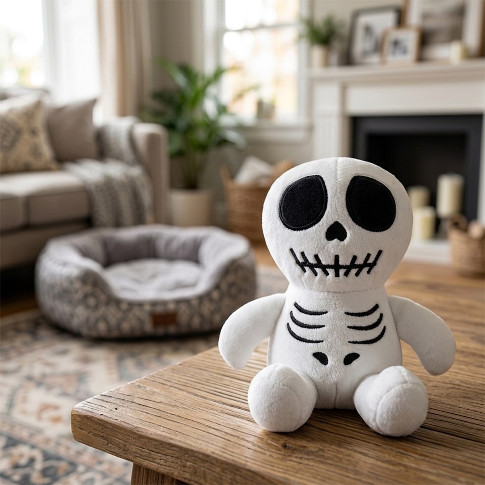 image 1 of Skeleton Plush Halloween Character Squeaky Dog Toy 17cm