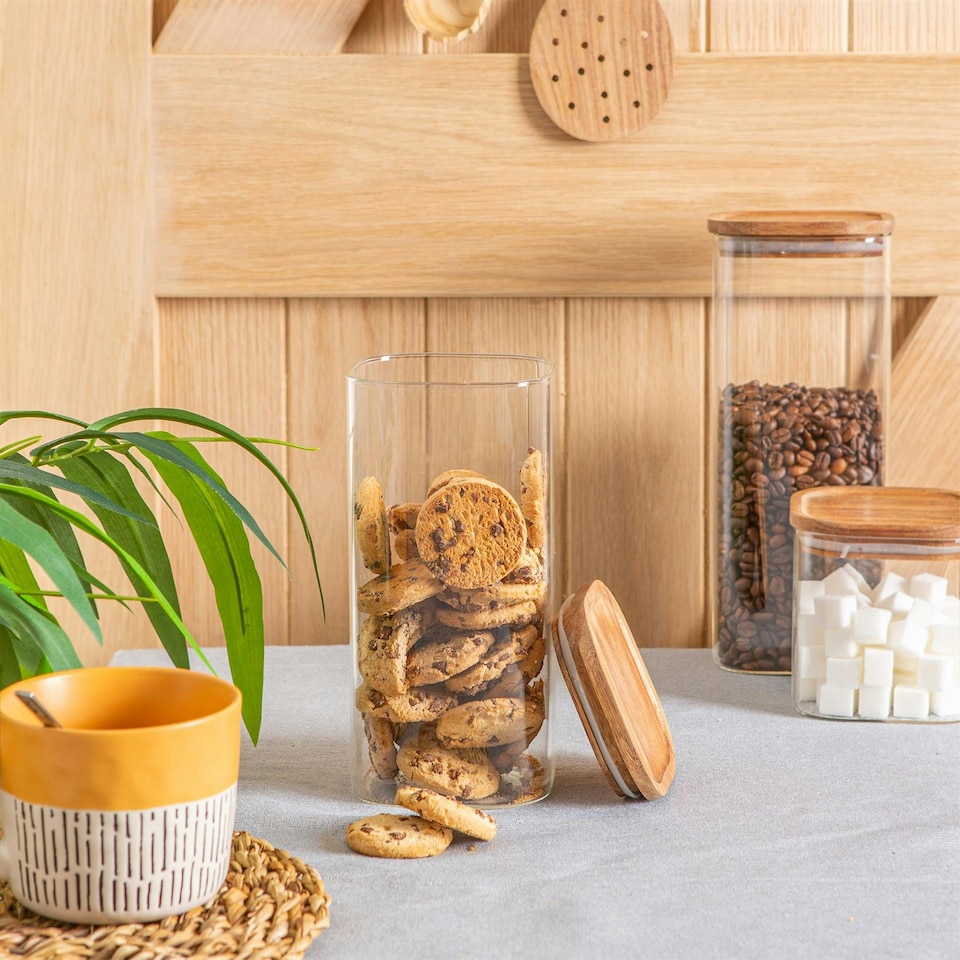 image 1 of Argon Tableware Square Glass Storage Jars with Wooden Lids - 1.5 Litre - Pack of 3