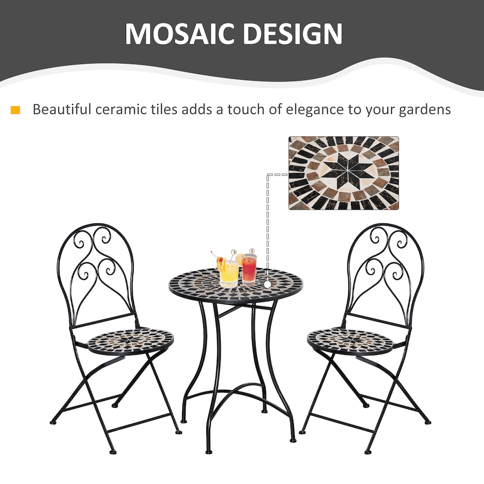 image 1 of Outsunny 3 Pieces Garden Bistro Set with Coffee Table and 2 Folding Single Chairs, Mosaic Garden Table Top and Seats, Metal Frame, for Patio Balcony, Black