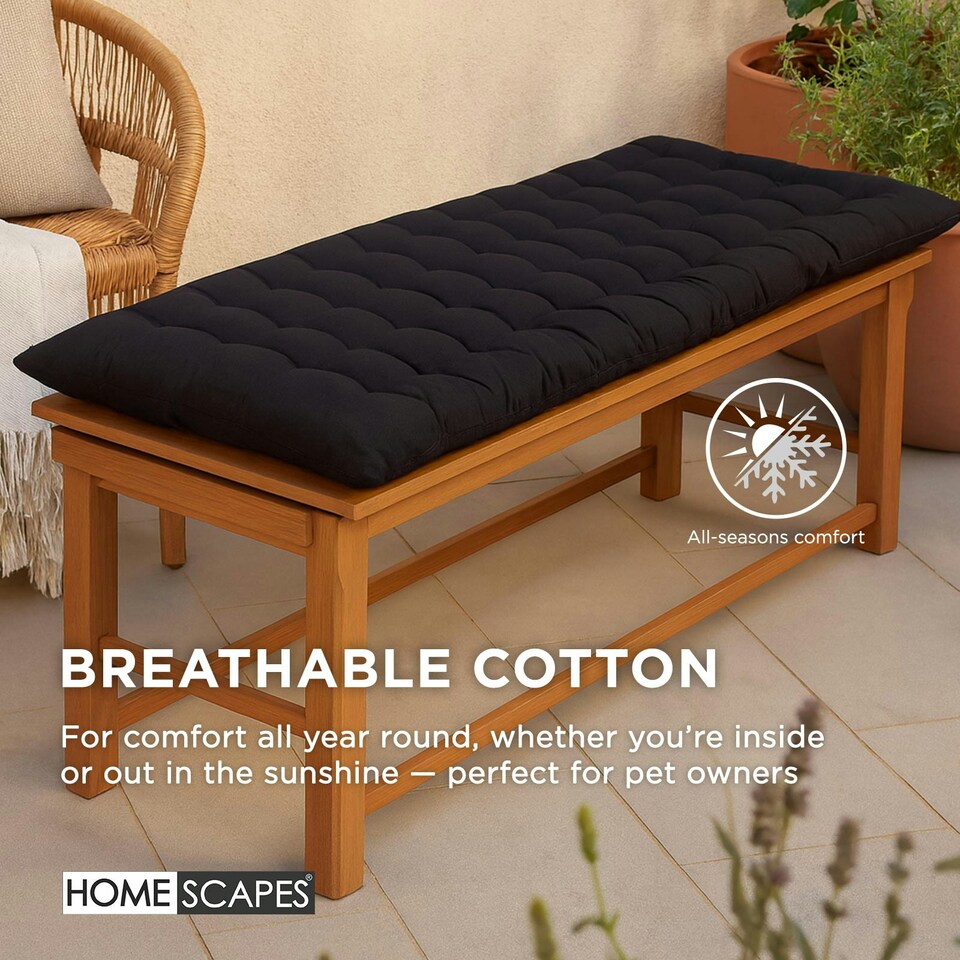 image 1 of Homescapes Garden Bench Cushion Luxury 3 Seater 100% Cotton Indoor Outdoor Seat Pad Black | 143 x 48 cm