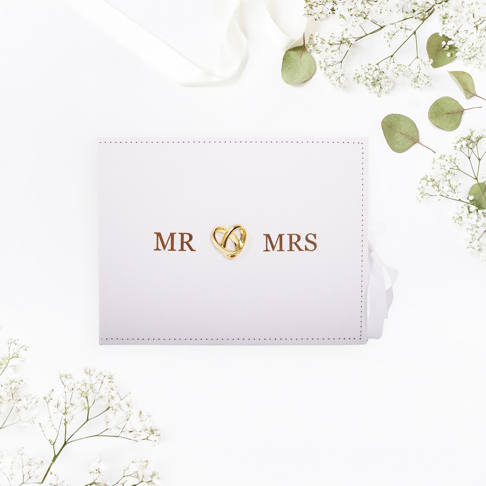 image 1 of Beautiful Ivory Suede Wedding Guest Book Holding 40 Sheets with Gold Hearts