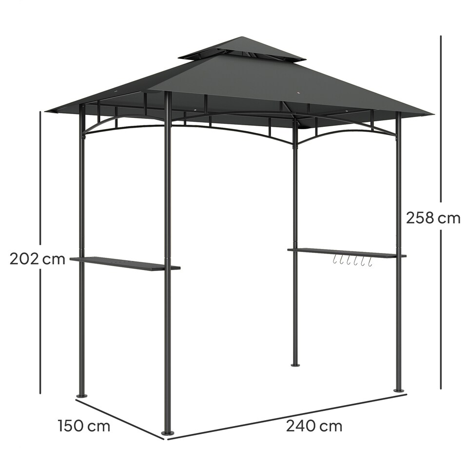 image 1 of Outsunny 2.4 x 1.5 m Grill Gazebo Canopy with LED Lights, Double Tiered Outdoor BBQ Gazebo Shelter with 2 Side Shelves, Storage Basket and Hooks for Garden, Barbecue, Picnic, Dark Grey
