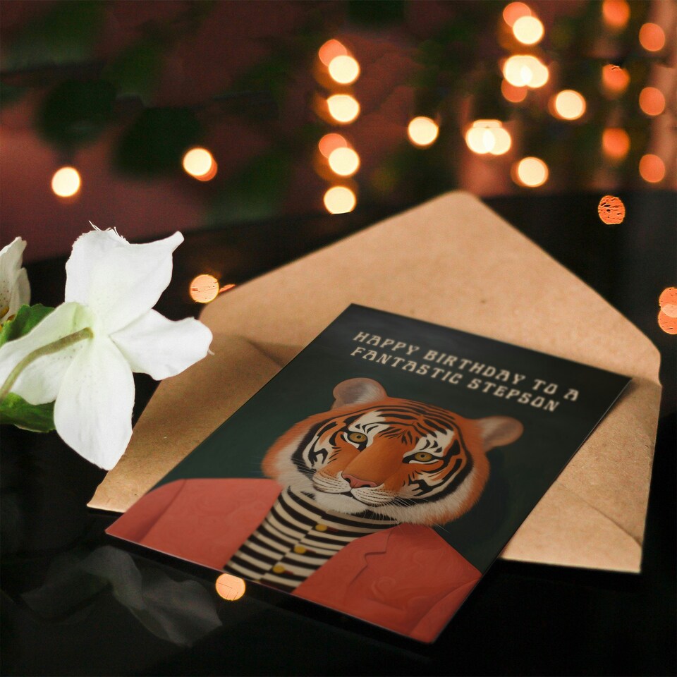 image 1 of Tiger Fantastic Step Son Dapper Cool Hipster Birthday Card