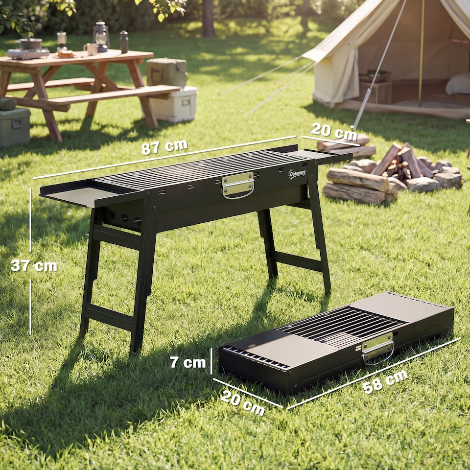 image 1 of Outsunny BBQ Grill, Charcoal Barbecue with 2 Side Shelves and Handle