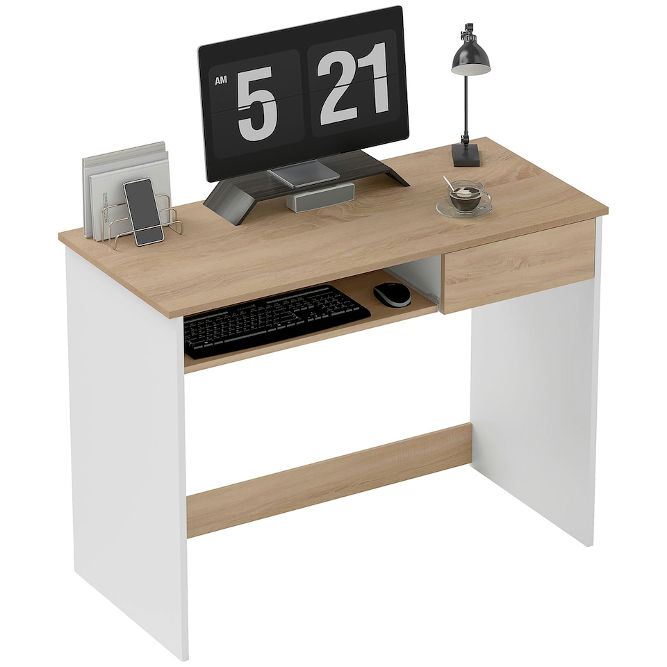 image 1 of HOMCOM Compact Computer Table with Keyboard Tray and Drawer, Oak | Brown | White | 100W x 45D x 75H cm