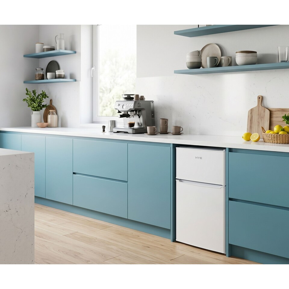 image 1 of HYE 86L Under Counter Fridge Freezer, Freestanding, 49cm, White - RF01UCFF85W13