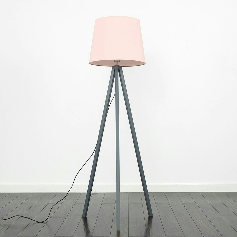 image 1 of ValueLights Modern Grey Wood Tripod Design Floor Lamp With Pink Shade
