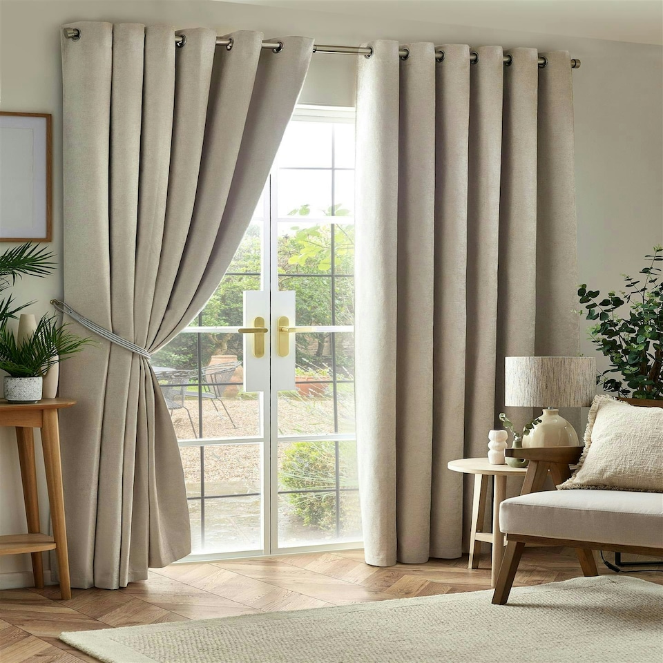 image 1 of Chenille Blackout Ring Top Eyelet Curtains - 117cm x 183cm - Cream
