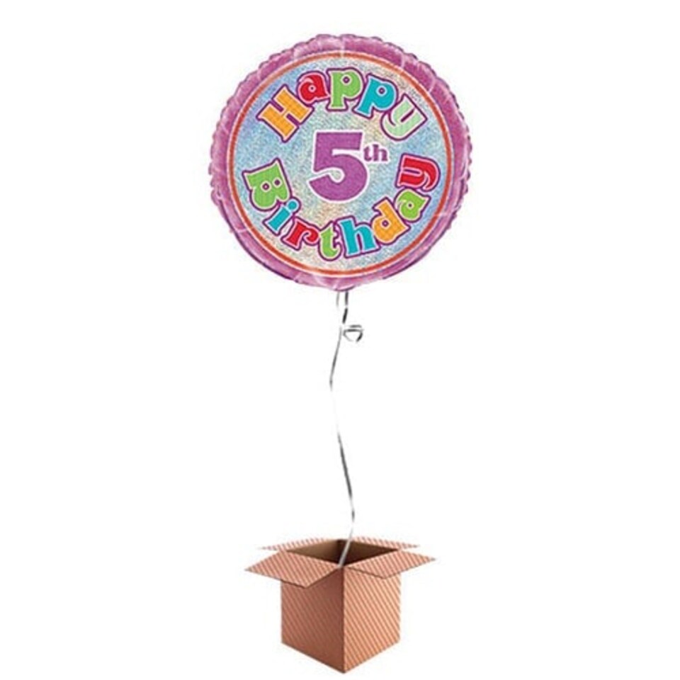 Happy 5th Birthday Holographic Round Foil Balloon - Inflated Balloon in a Box