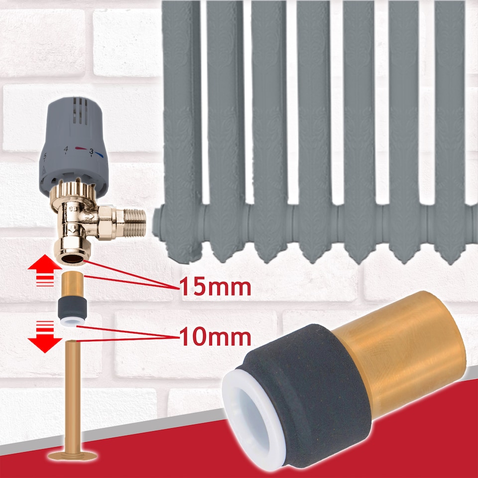 image 1 of SPARES2GO Radiator Valve 15mm x 10mm Anthracite Pushfit Reducing Straight Speed Fit Compression Stem