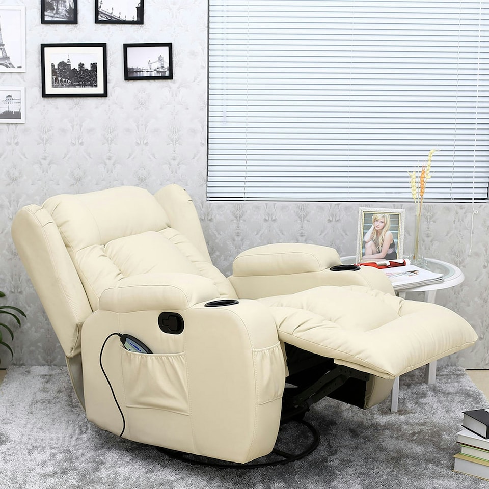 image 1 of Caesar Bonded Leather Recliner Rocking Swivel Heat & Massage Chair (Cream)