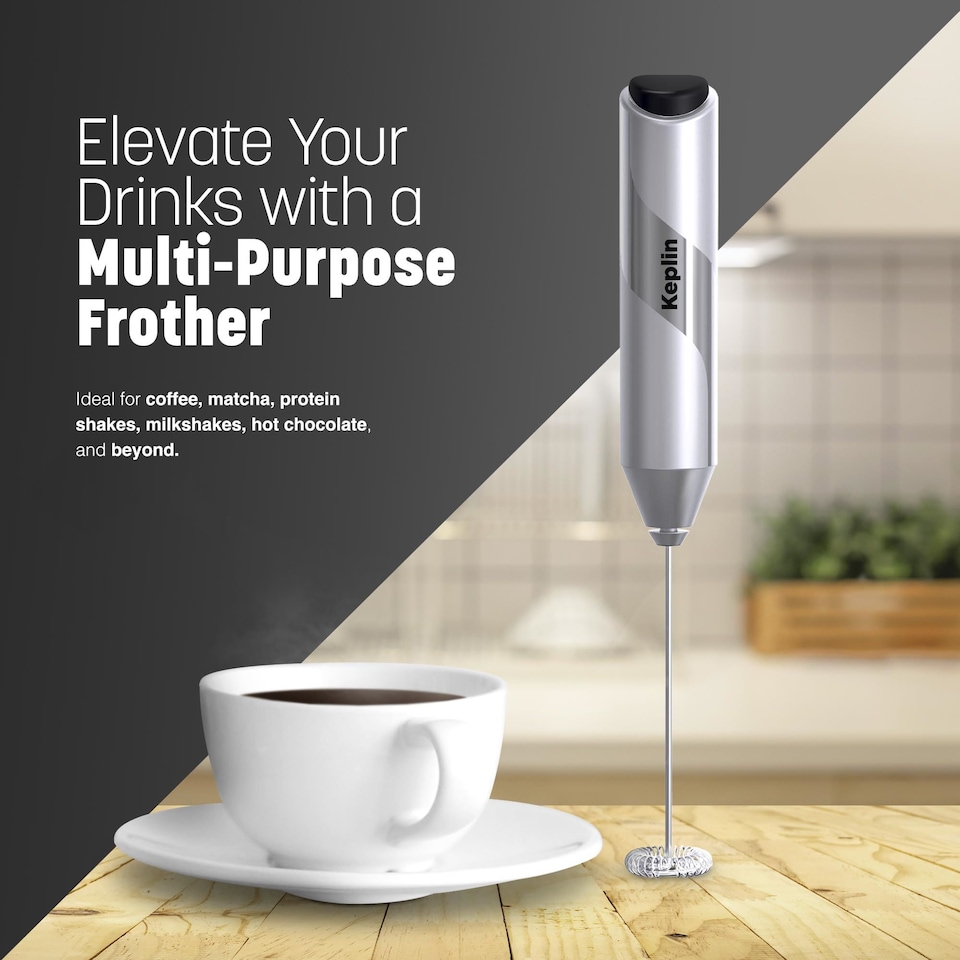 image 1 of Keplin Handheld Milk Frother with Stand Stainless Steel Electric Whisk