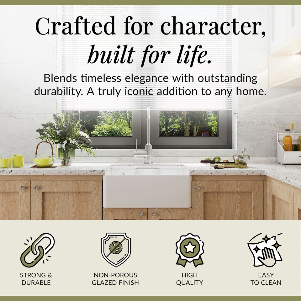 image 1 of 595mm - Single Bowl Fireclay Butler Kitchen Sink - Ledge , Overflow & Waste