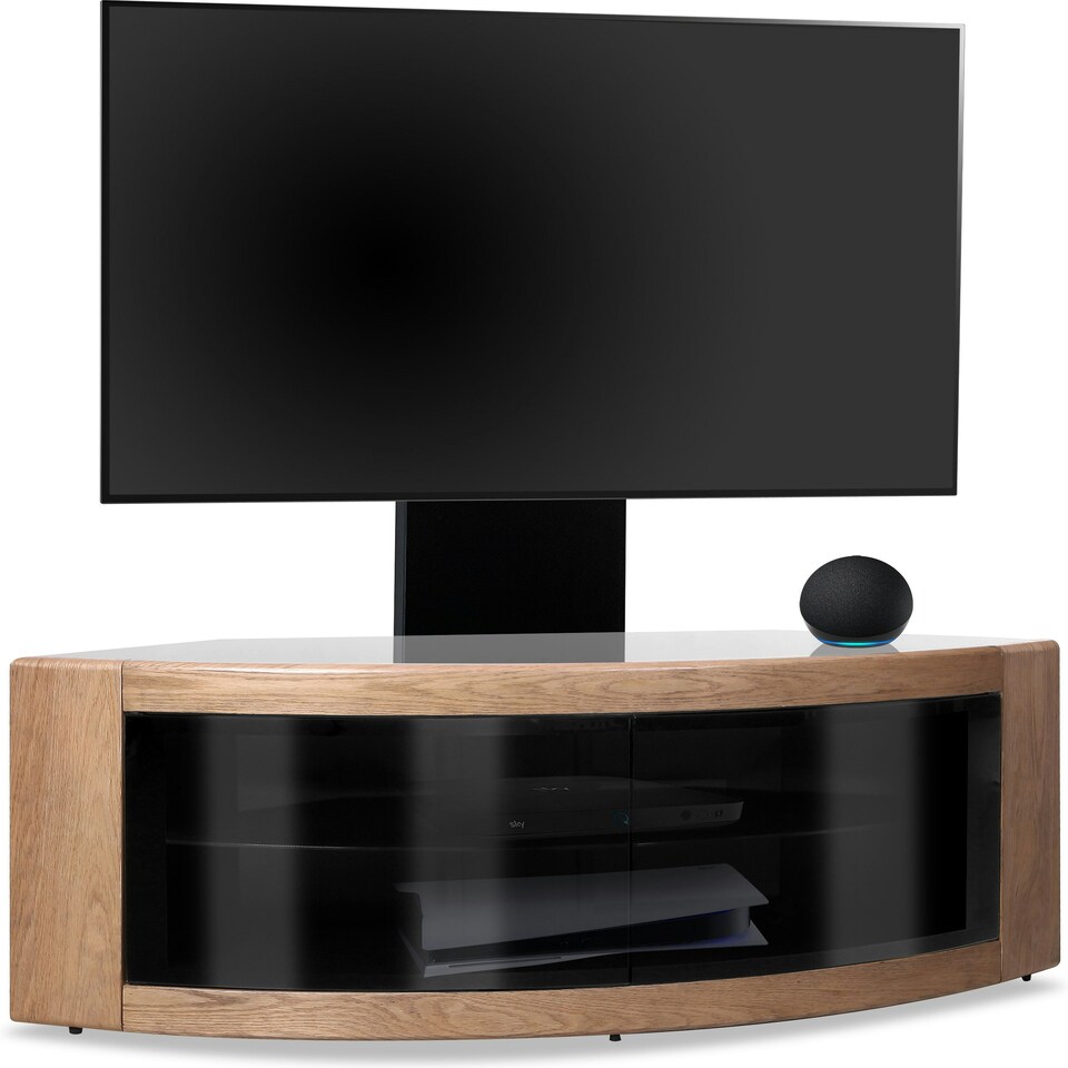 image 1 of Centurion Supports PANGEA Black/Oak Beam-Thru Curved True-Corner 32"-50" TV Cabinet with Mounting Arm Black | Oak
