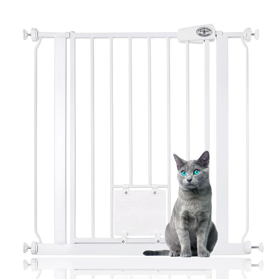 image 1 of Bettacare Pet Gate with Lockable Cat Flap, 75cm - 83cm, White, 75cm in Height, Dog Safety Barrier with Cat Flap | White