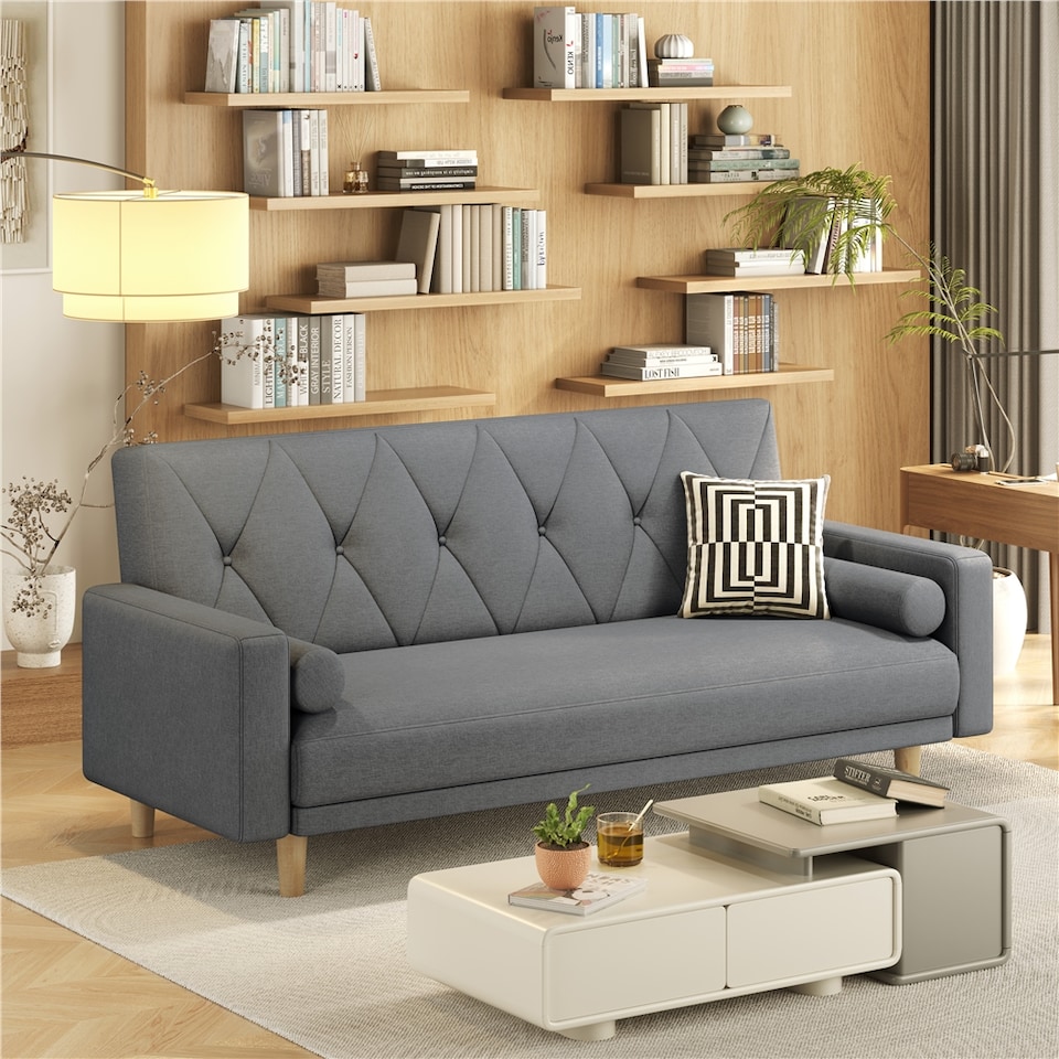 image 1 of Yaheetech Fabric Convertible Sofa Bed with 2 Bolster Pillows-Dark Grey
