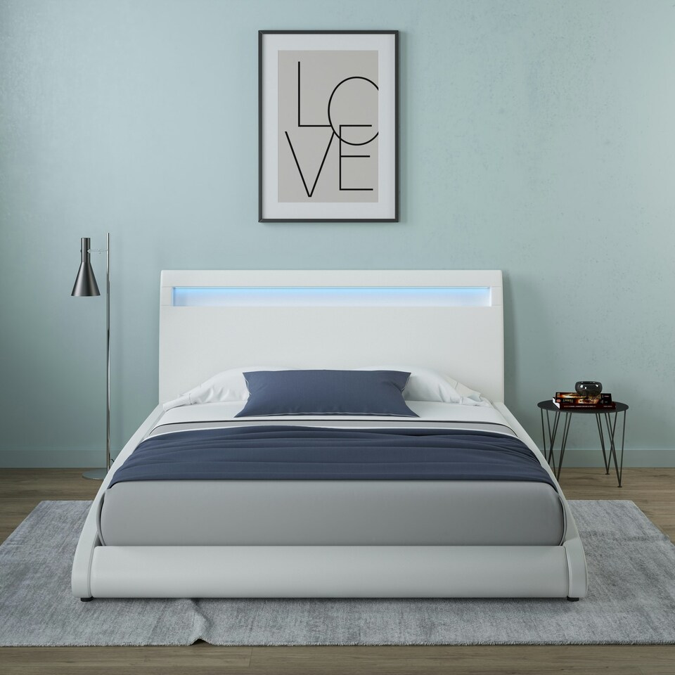 image 1 of Neptune LED Lights Headboard Gaming Style White Faux Leather Bed Frame (Double) | White | White | Double