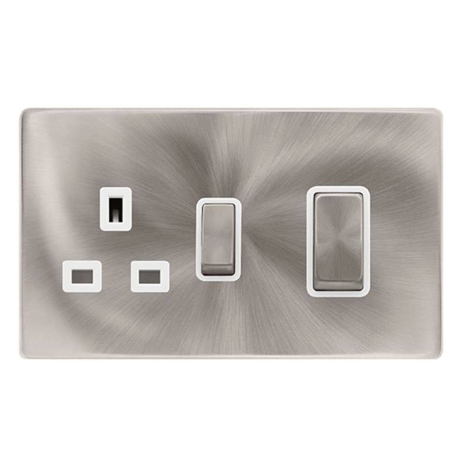 SE HOME Brushed Steel Screwless Plate Cooker Control Ingot 45A With 13A Switched Plug Socket - White Trim - SE Home White | Brushed Steel