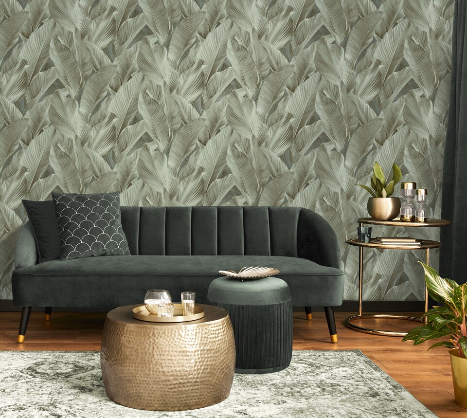 image 1 of Vymura M95688 Gianni Leaf Wallpaper, Khaki Green