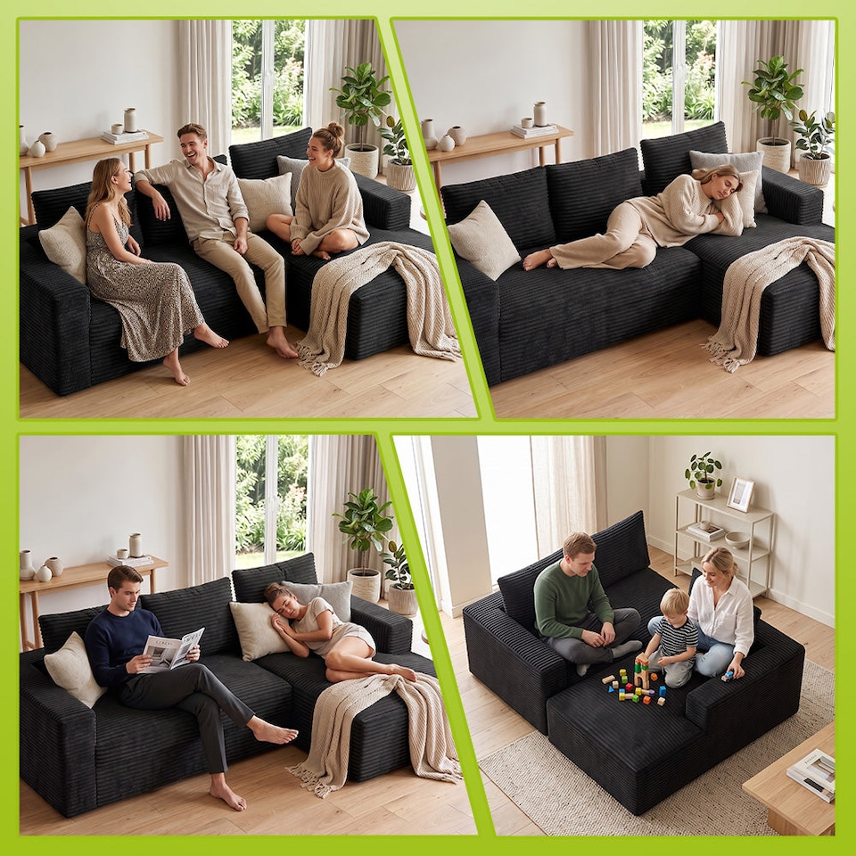 image 1 of Rattantree L Shaped Modular Sofa Corduroy Sectional Couch With Chaise
