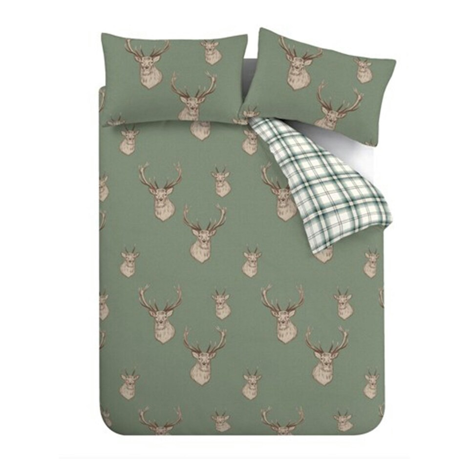 image 1 of Catherine Lansfield Stag Check Reversible Duvet Cover Set Soft Green Green | Soft Green | Single