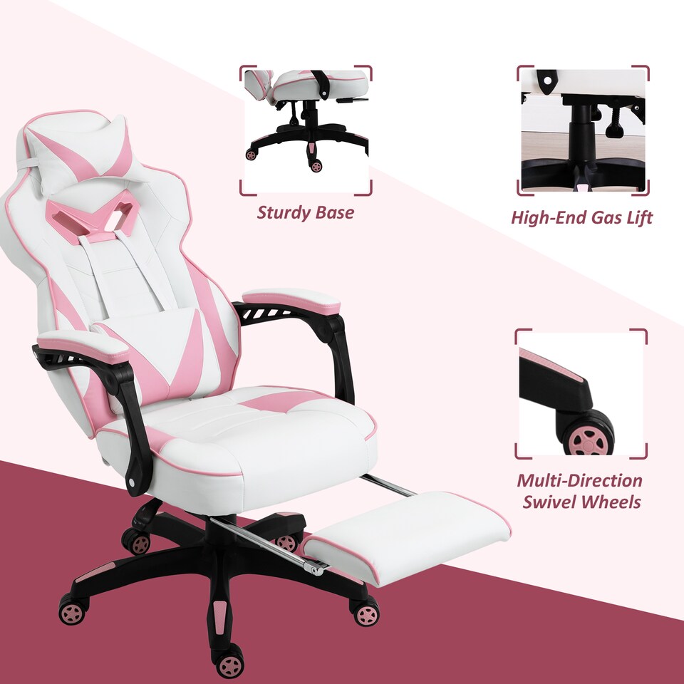 image 1 of Vinsetto Computer Gaming Chair, Racing Desk Chair with Lumbar Support and Footrest, PU Leather Gamer Chair with Headrest and Swivel Wheels for Home, Pink