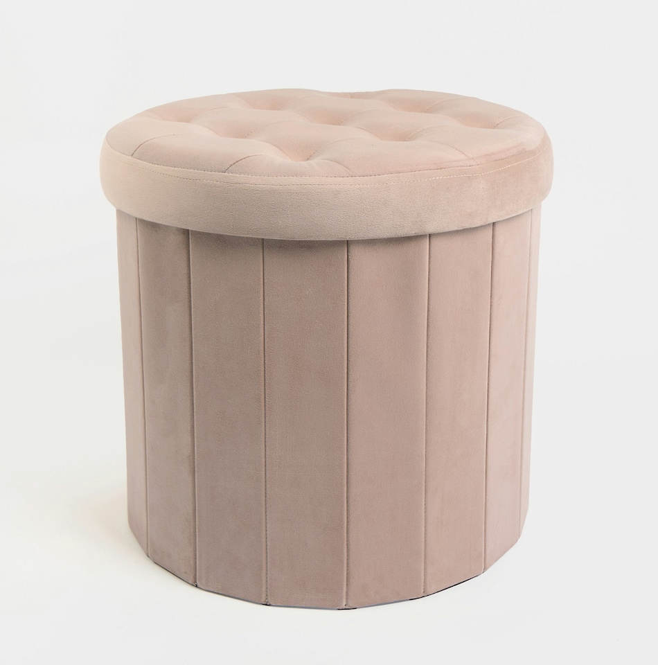 image 1 of OHS Matte Velvet Soft Round Foldable Footstool Seat Storage Organiser Ottoman | Cream | Natural