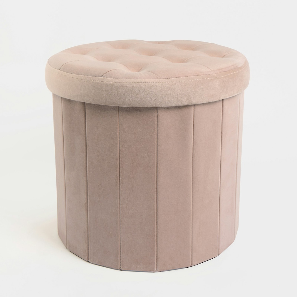 image 1 of OHS Matte Velvet Soft Round Foldable Footstool Seat Storage Organiser Ottoman | Cream | Natural