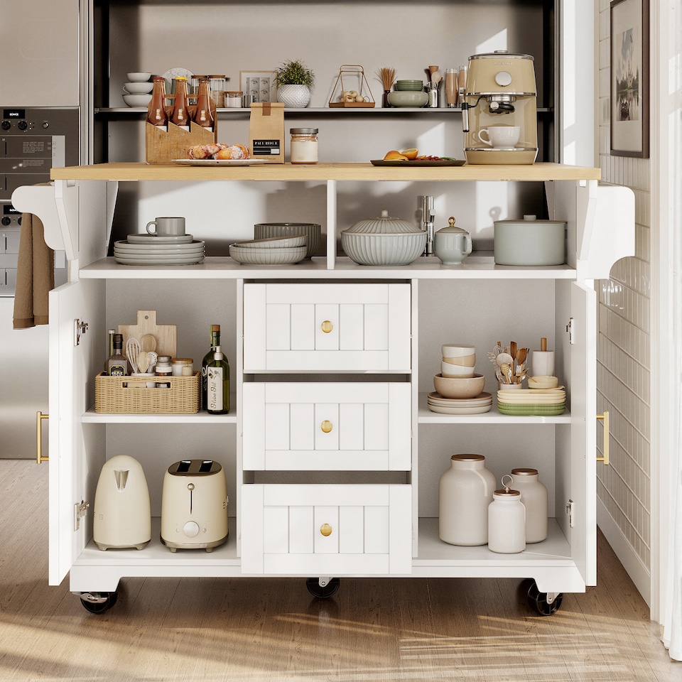 image 1 of VILUXE Kitchen island, cabinet, sideboard 120 x 40 (80) x 95 cm, extendable kitchen trolley with casters, extendable on both sides, with towel rail and spice rack, two doors, three drawers, black/white