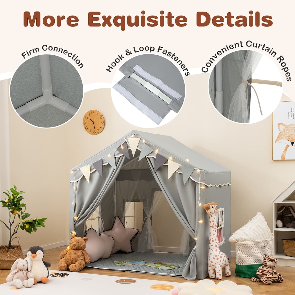 image 1 of COSTWAY Kids Play Tent 3-4 Kids Large Play Tent House w/2 Opening Doors-Grey