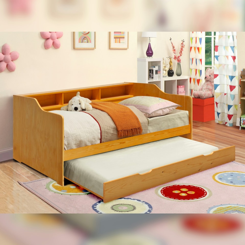 image 1 of 3ft Wooden Bed with Trundle With Shelving In Caramel
