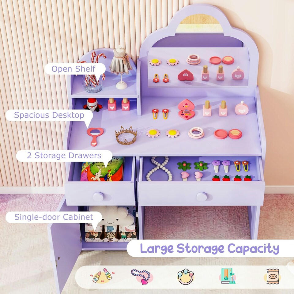 image 1 of COSTWAY Kids Vanity Table and Chair Set w/Mirror Purple