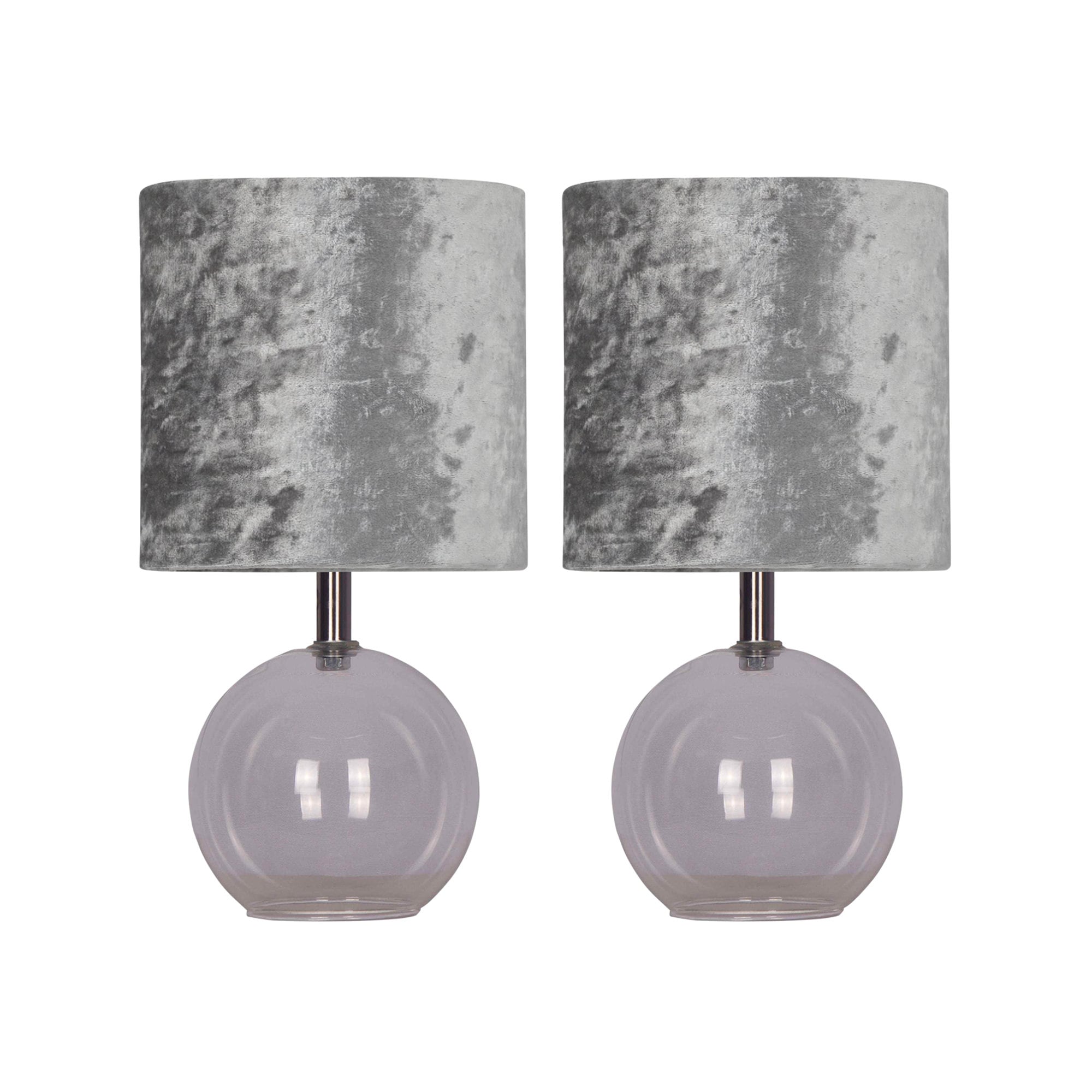 First Choice Lighting Buck - Clear Glass Globe Table Lamp with Grey Crushed Velvet Shade