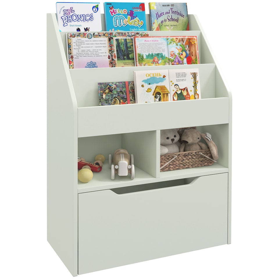 image 1 of HOMCOM Kids Bookshelf Bookcase with Storage Drawer with Wheels Toy Organiser | Green