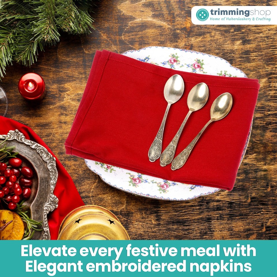 image 1 of 1pc Christmas Table Napkin Set with Festive Jingle Bell Embroidery - 20 Inch