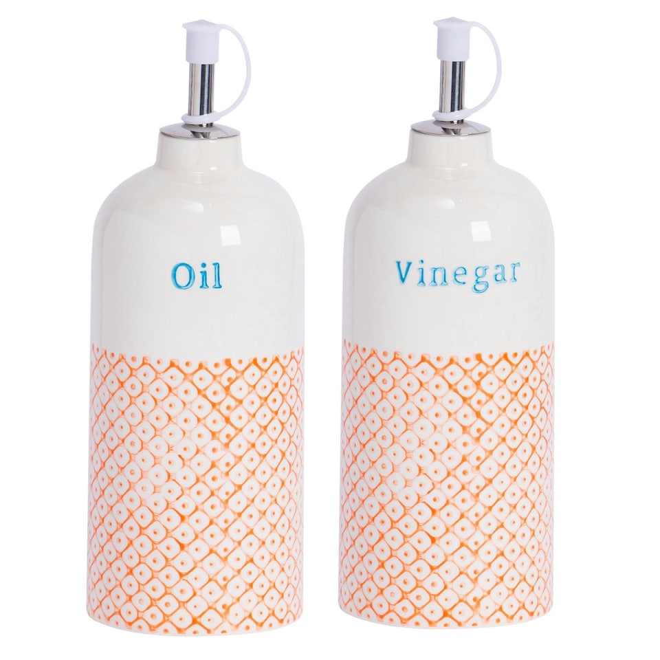 image 1 of Nicola Spring 2 Piece Hand-Printed Oil & Vinegar Pourer Bottles Set - 500ml - Orange