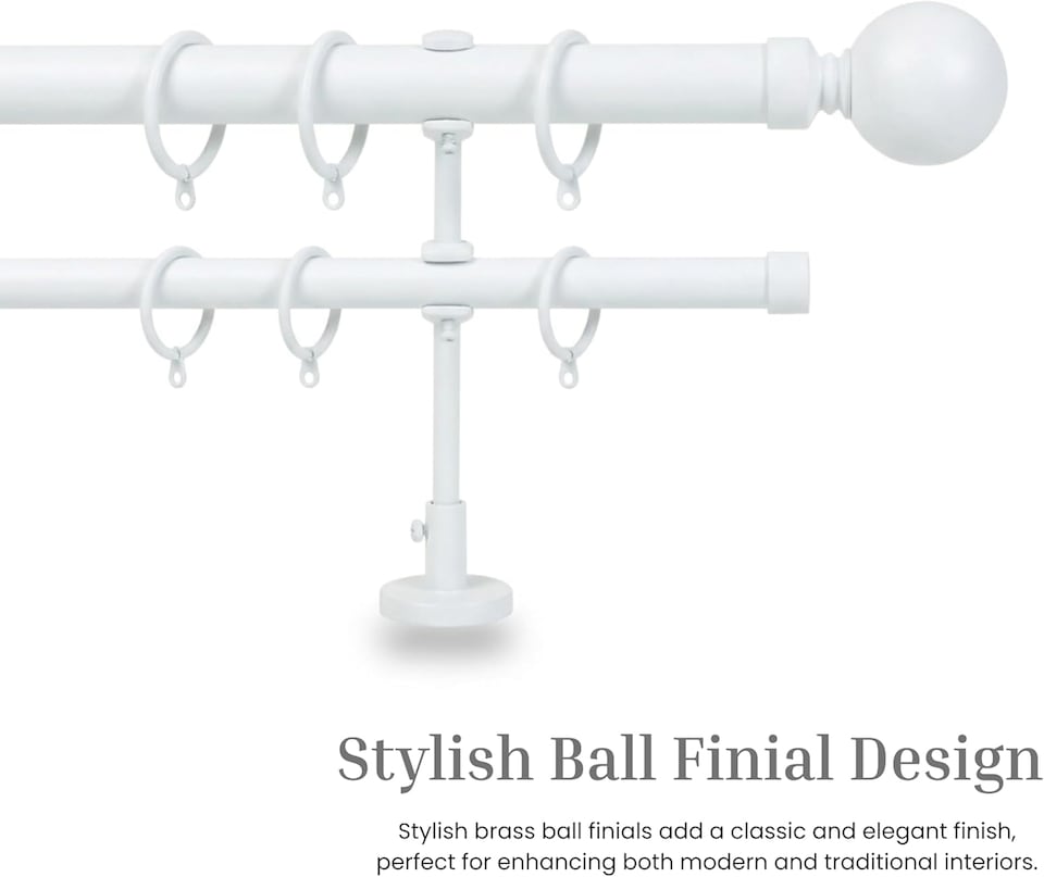 image 1 of Lister Cartwright Double Curtain Extendable Pole Set with White Ball Finials- 19mm & 28mm Metal Poles(120- 320 cm)