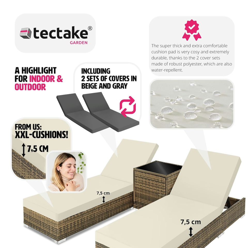 image 1 of Sun Lounger Set - 2 loungers, 1 side table, aluminium frame, adjustable backrest, rain cover Brown | Nature