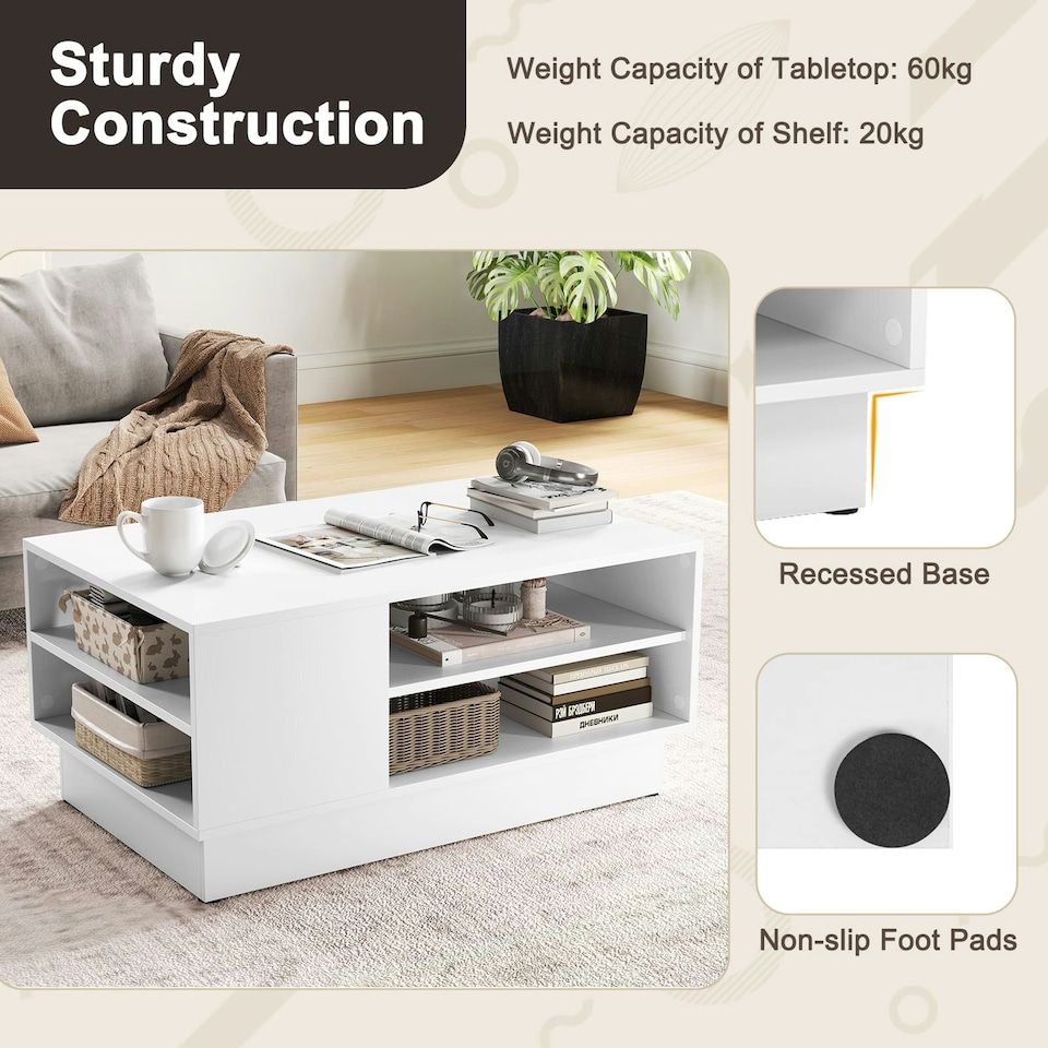 image 1 of COSTWAY Modern Coffee Table w/Storage Shelves White White