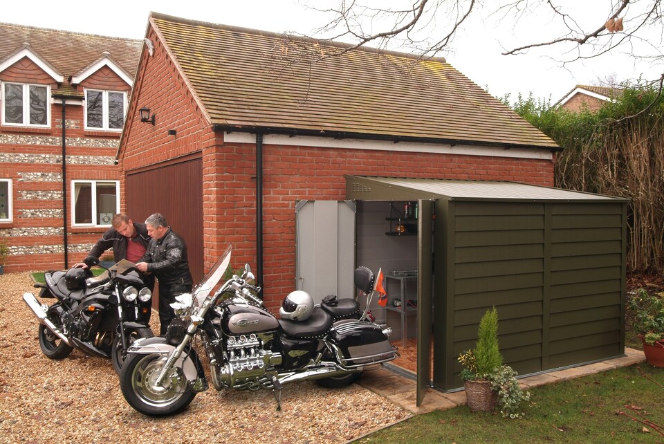 image 1 of 9 x 6 ft Trimetals ProtectaBike 960 Pent Roof Metal Motorcycle Garage - Double Door - Police Approved | Green | 9x6ft