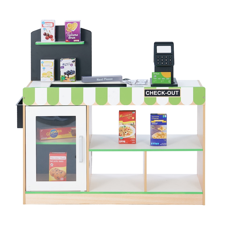 image 1 of Teamson Kids Cashier Interactive Play Checkout Counter Stand with 26 Accessories, Green/White
