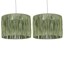 Set of 2 Raffia - Green 28cm Straw Pendant or Lamp Shades | Green | Medium | 1