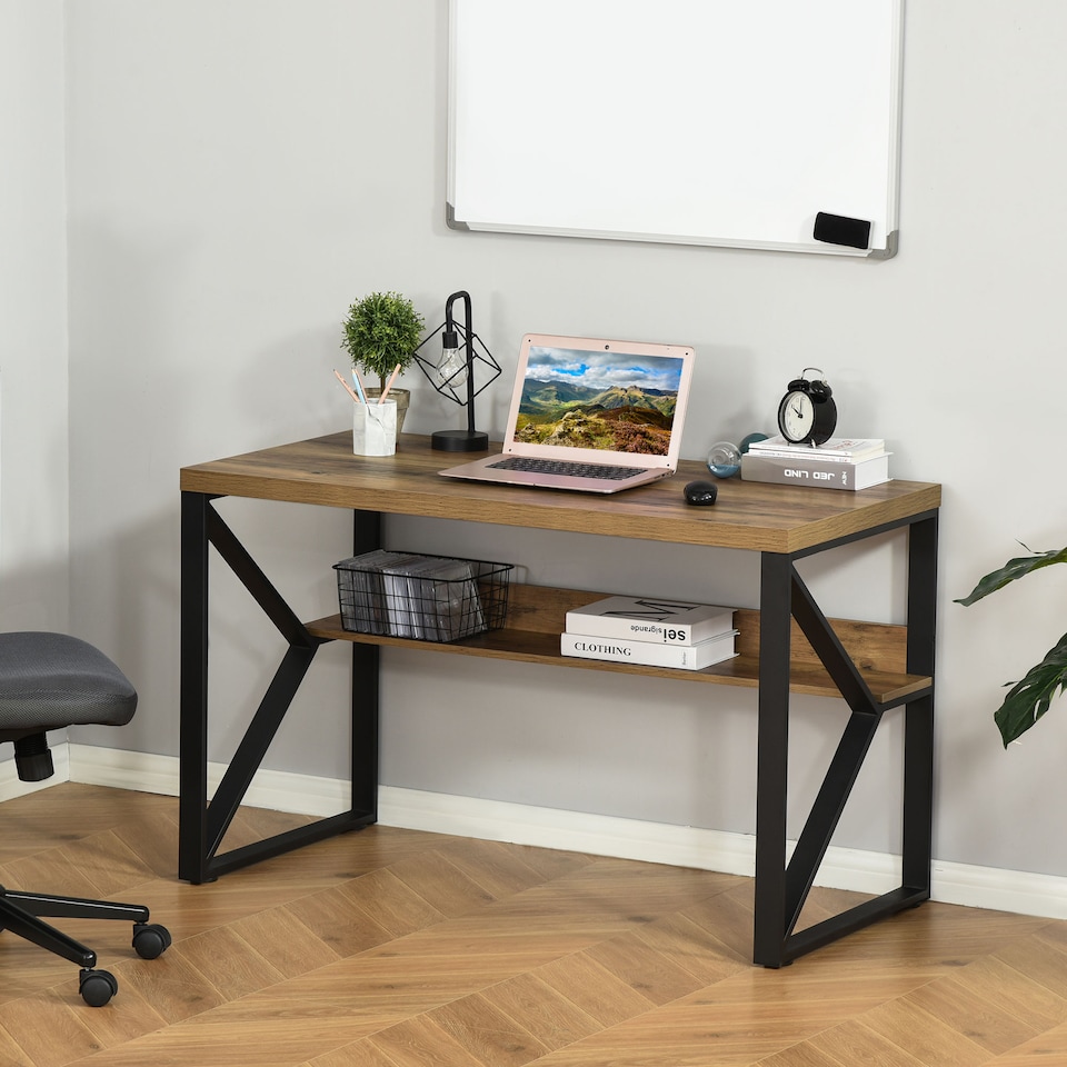 image 1 of HOMCOM Computer Desk Writing Desk Home Office PC Laptop Workstation with Storage Shelf 120 x 60 x 76cm Black Brown Wood Effect