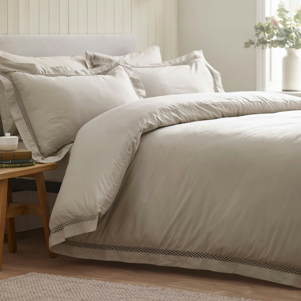 image 1 of Catherine Lansfield Classic Lattice Lace Duvet Cover Set Natural Cream | Natural | Single