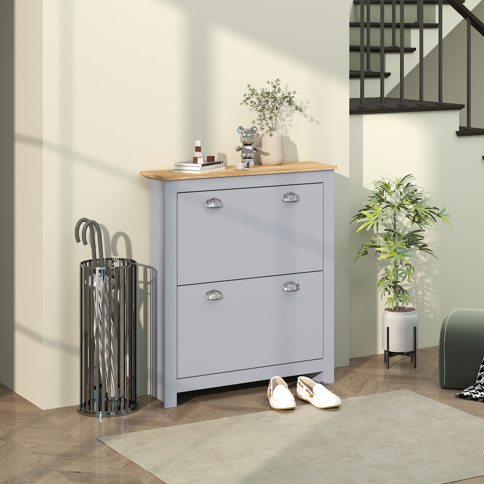 image 1 of HOMCOM 2 Drawer Shoe Cabinet Narrow Shoe Cupboard with Flip Doors, Grey | Grey | Grey