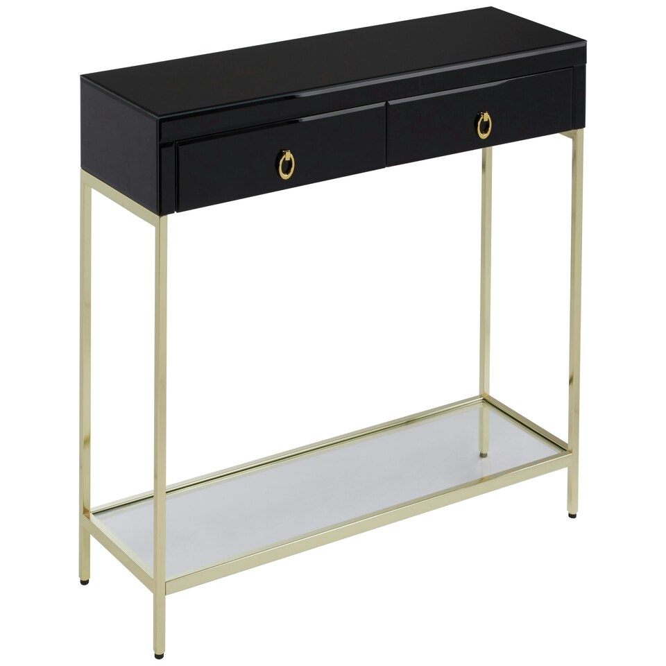 image 1 of Interiors by Premier Glamorous Gold Finish Console Table, Decorative Table For Livingrooms, Stylish Room Table With Glass Shelf Black