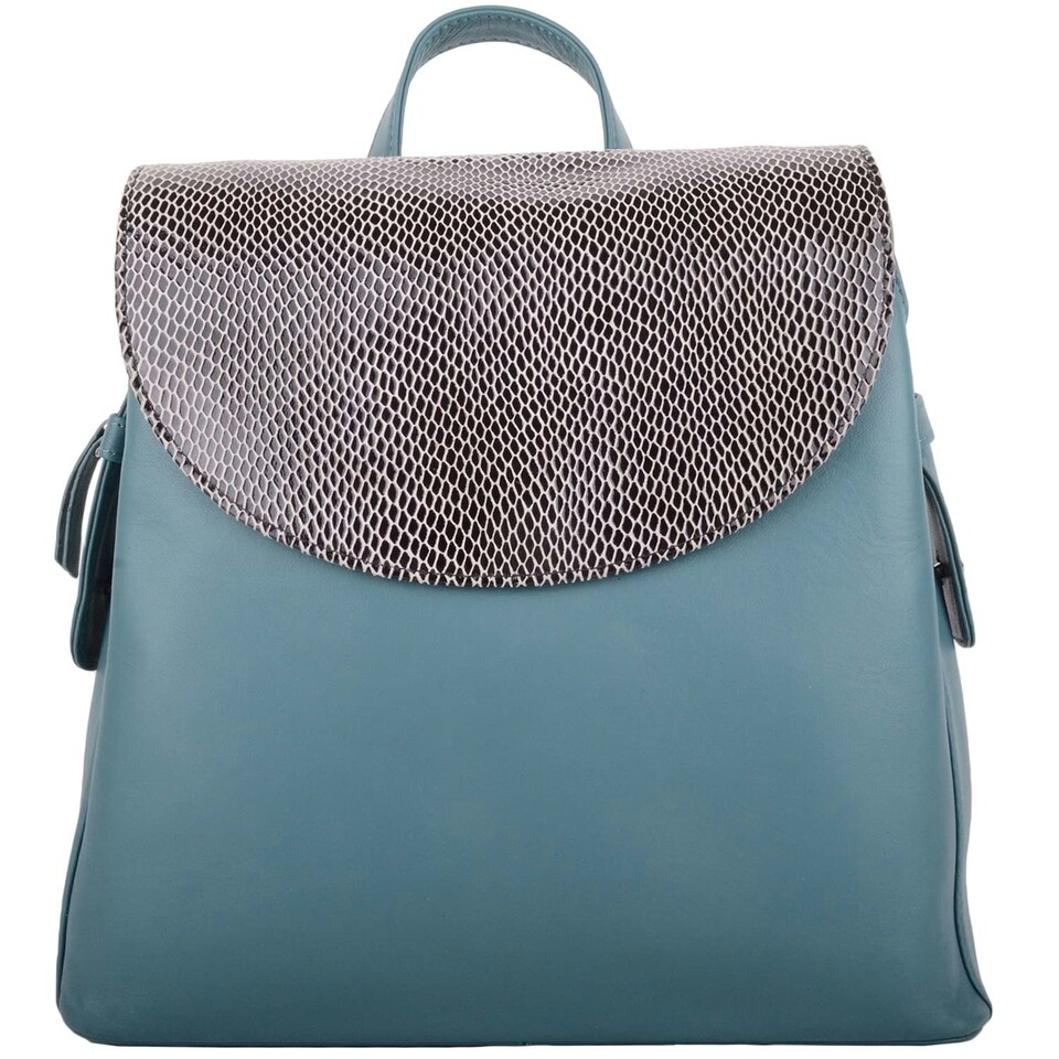 image 1 of Smooth Genuine Leather Backback Rucksack with Snakeskin Effect Flap Panel Black | Black
