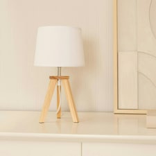 ValueLights Jackson Natural Wood Tripod Table Lamp with Fabric Shade