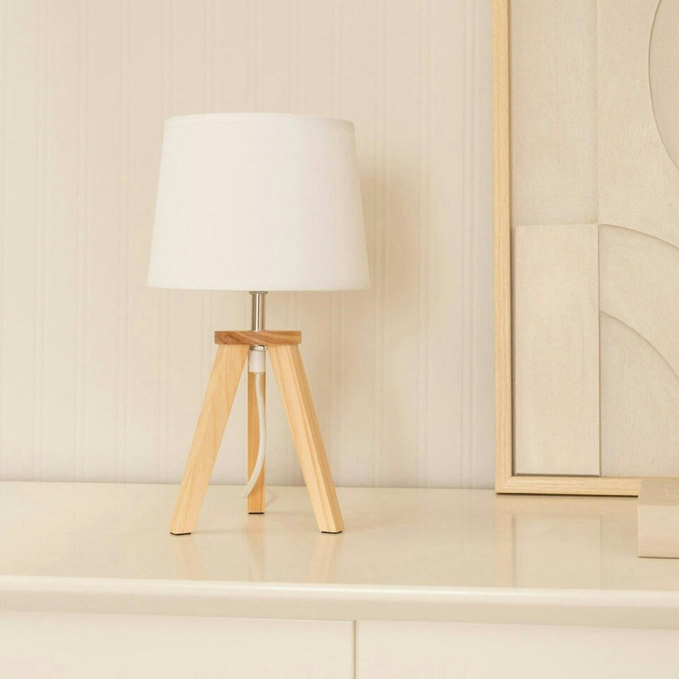image 1 of ValueLights Jackson Natural Wood Tripod Table Lamp with Fabric Shade